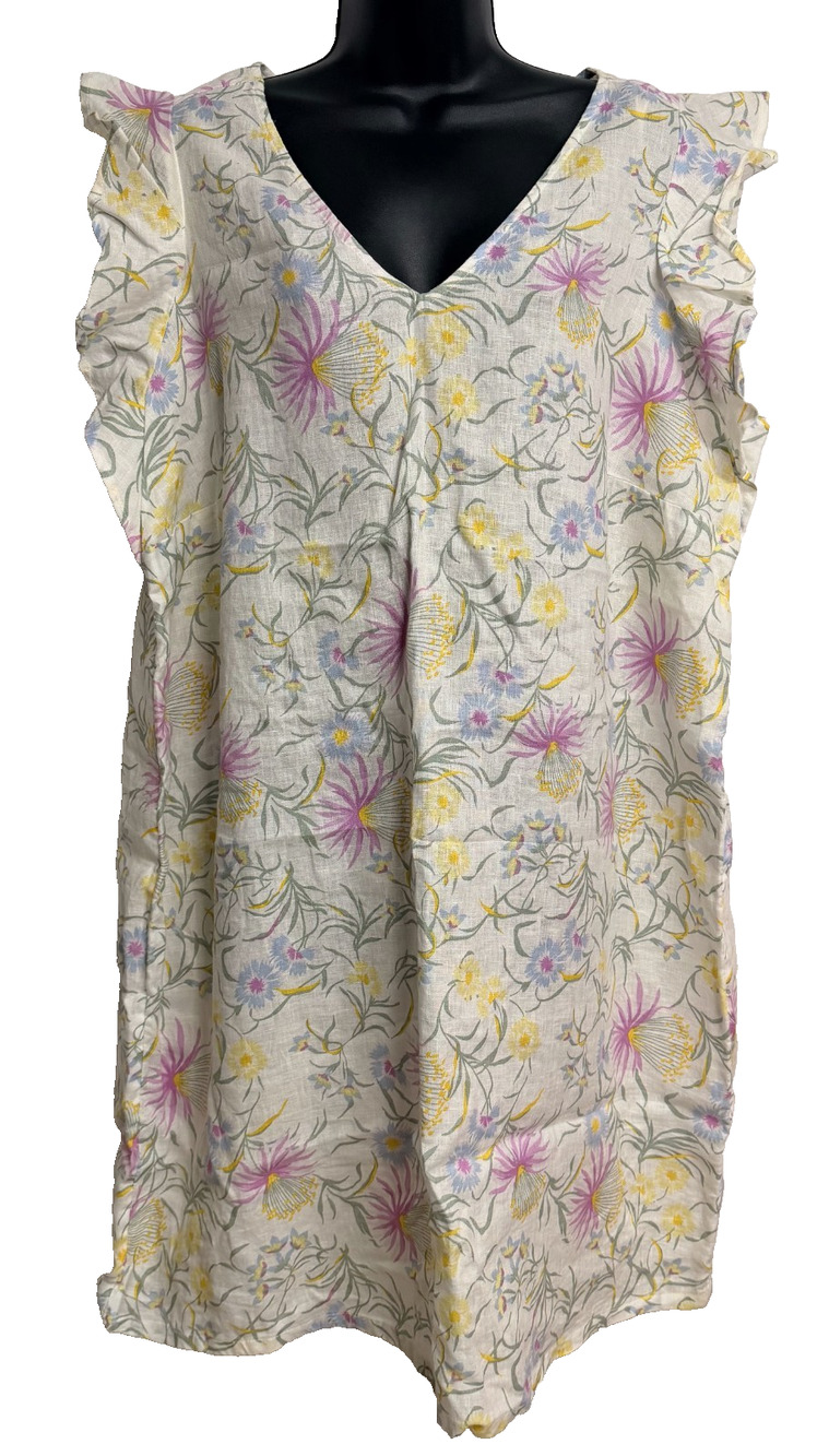 Joie Shift Dress Women Plus 1X Floral Linen V-Neck Ruffle Flutter Sleeve Boho